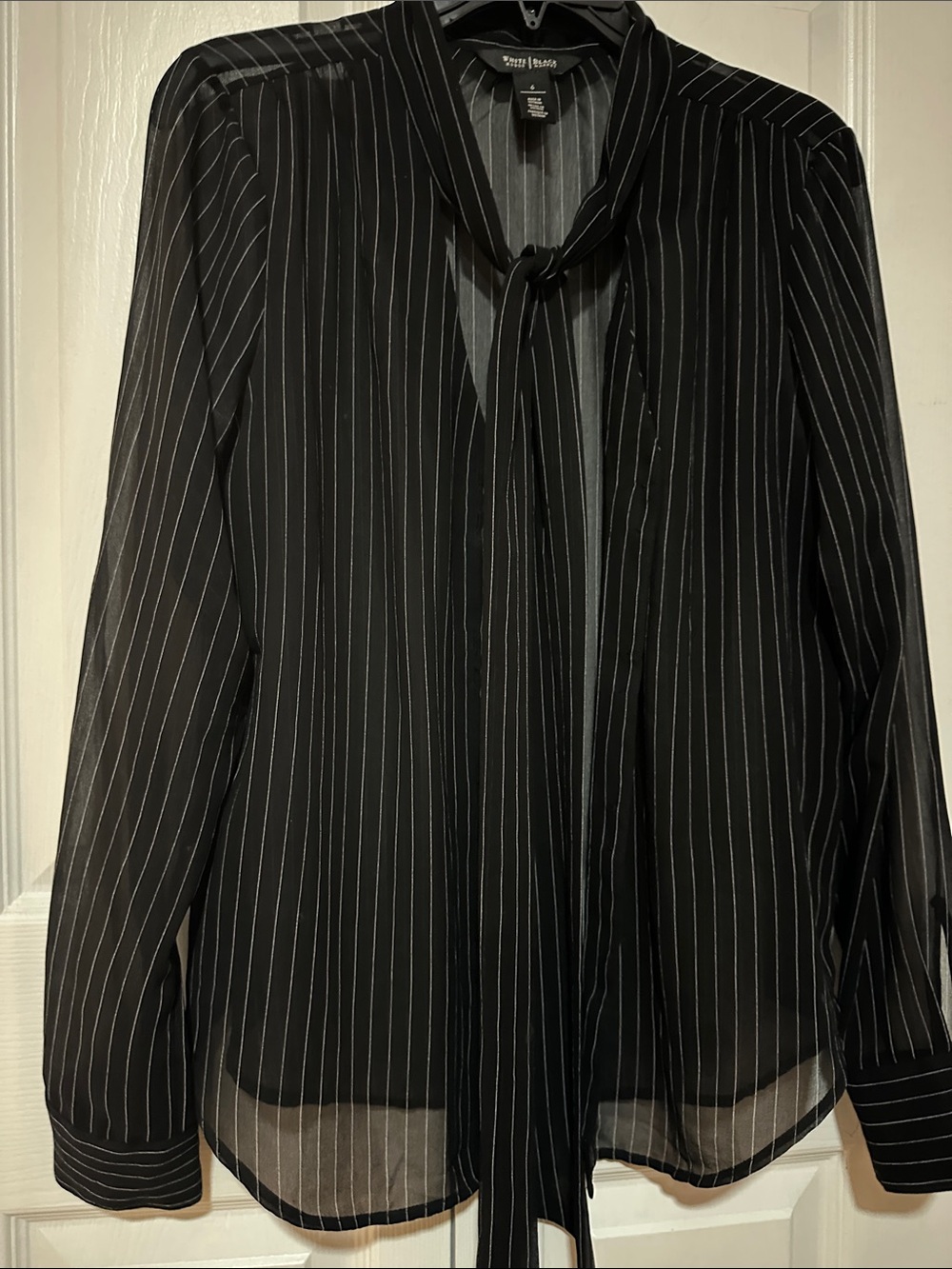 White House Black Market Black Pinstripe Tie-Neck Blouse - Picture 1 of 2